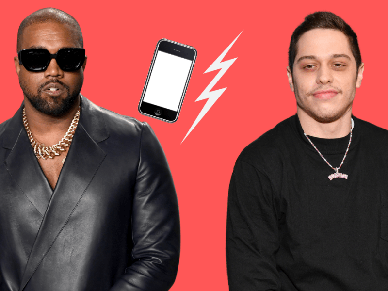 Rapper Kanye West und Comedian Pete Davidson posieren.